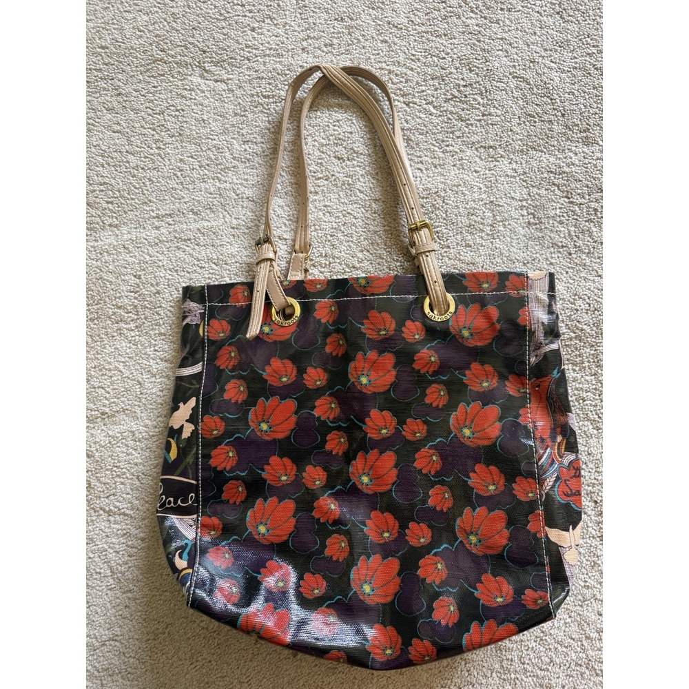 Sakroots Artist Circle Coated Canvas Tote Bag Red Floral Peace Double Strap